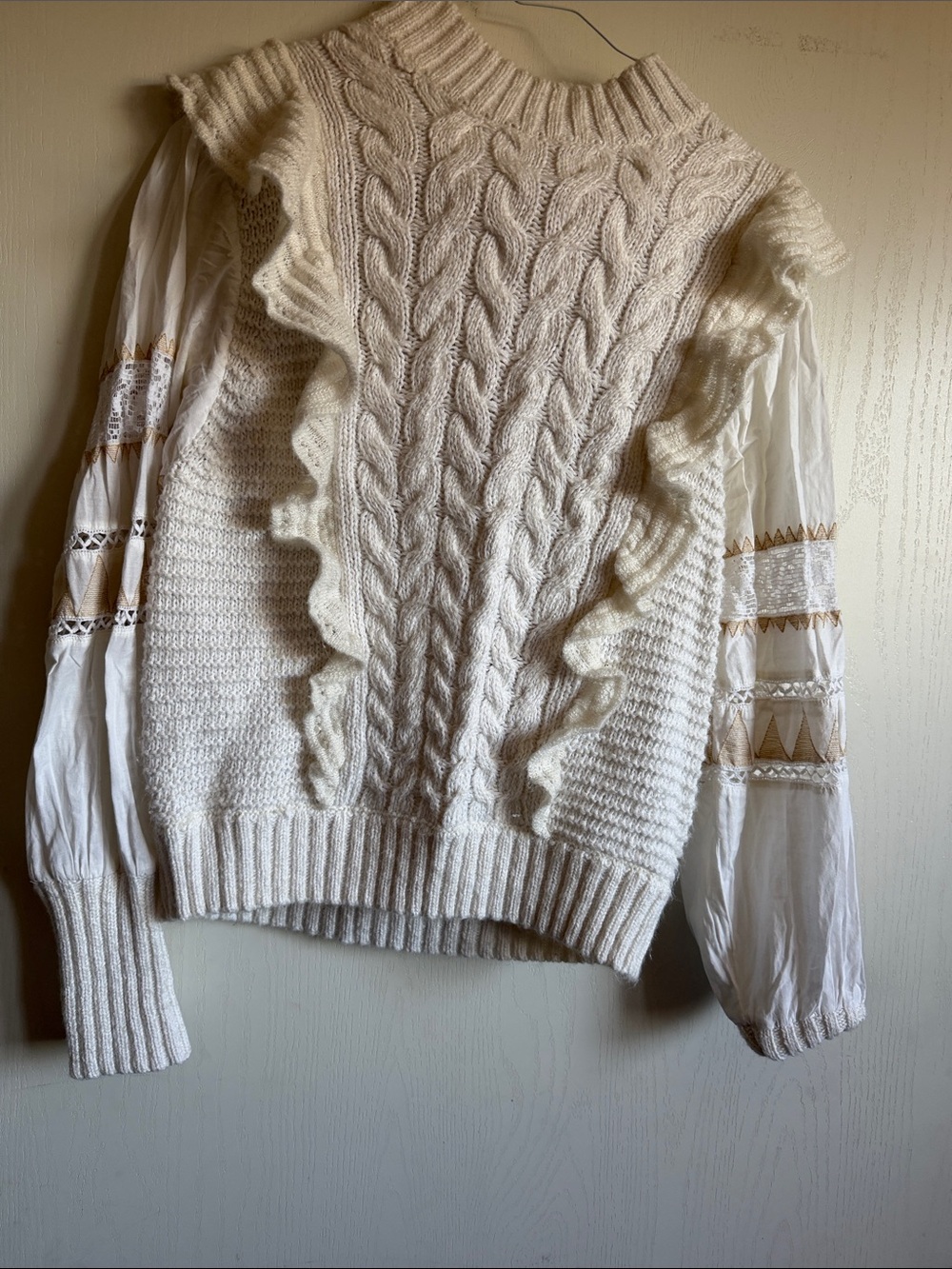 Anthropologie Cream Cable Ruffle Detail Pullover with Embroidered Sleeves